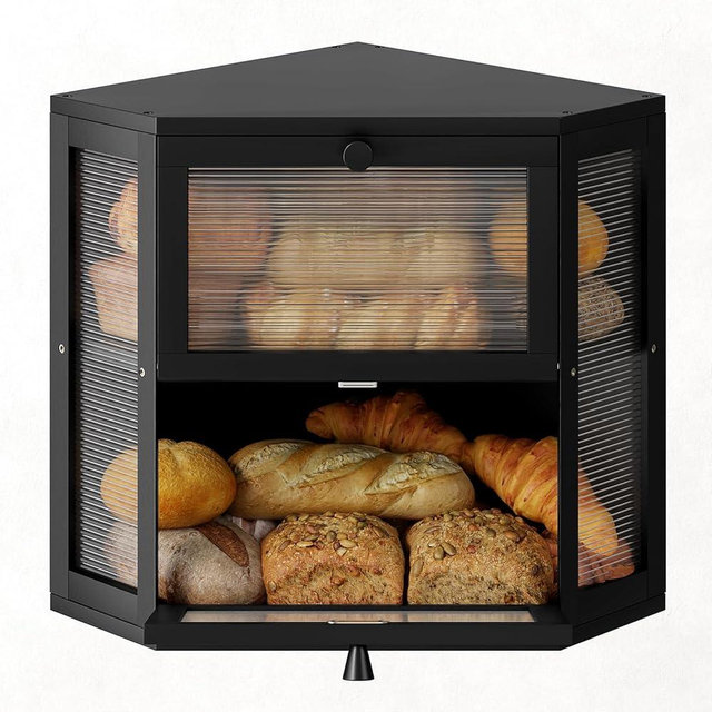 WOWLIVE Corner Bread Box for Kitchen Countertop, Double Layer Bamboo Bread Storage Container, Large Farmhouse Bread box with Acrylic Wavy Door Panel, Under Cabinet Organizer (Black, Medium)