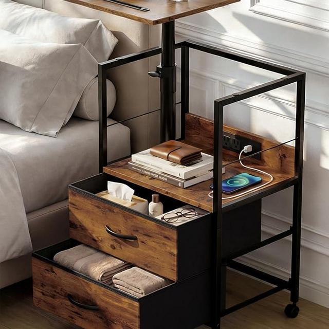 360° Swivel Nightstand with Height Adjustable, Lift Top Bedside Table with Charging Station, Rolling Night Stand with 2 Fabric Drawers, End Table with Wheels, for Bedroom, Living Room, Rustic Brown