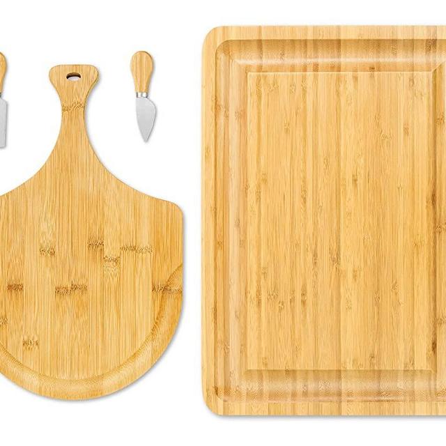 Cheese Board and Knife Set, Bamboo Charcuterie Boards/Serving Tray and Wooden Pizza Peel, Juice Groove for Biscuit, Fruit and Nut, Unique Gifts for Housewarming, Wedding, Mother's Day and Christmas