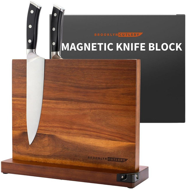 BROOKLYN CUTLERY Magnetic Knife Block, Acacia Wood Magnetic Knife Holder for Kitchen Counter Universal Knife Block Without Knives (12 x 10 With Sharpener)