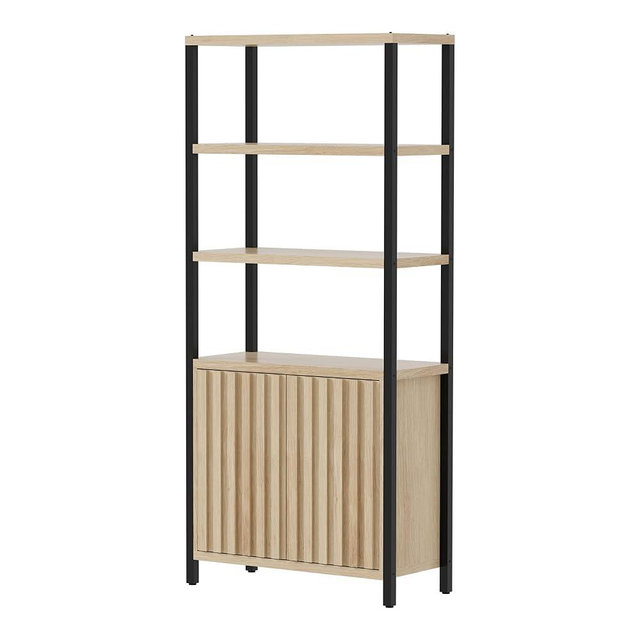 UEV 5 Tier Wood Boho Bookshelf with Storage Door,Fluted 71 in Tall Bookshelf with Metal Stand,Mid Century Modern Large Accent Bookcase for Living Room,Bed Room (LG, 1 Piece)