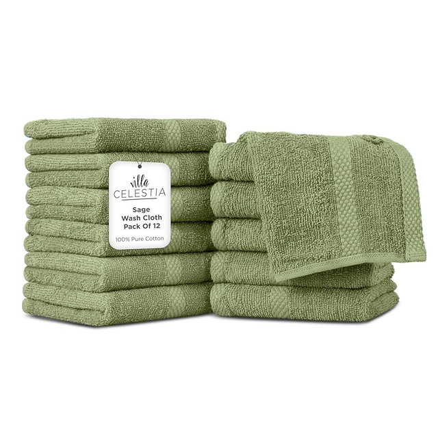 Villa Celestia 100% Cotton Wash Cloth for face & Body Set of 12, (12 x 12 inches) Sustainable, Soft, Highly Absorbent, Combed Cotton Wash Cloths Pack of 12 for Hotels, Spa, Bathroom, Dorm, Sage