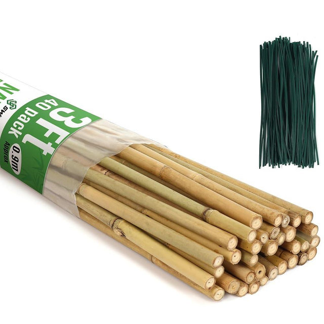 SWANGSA 40 Pack Bamboo Stakes for Plant 3 Feet,Bamboo Sticks Plant Support Garden Stakes Poles with 200pcs Twist Ties for Tomatoes, Beans, Flowers, Potted Plants, Indoor and Outdoor Climbing Plants