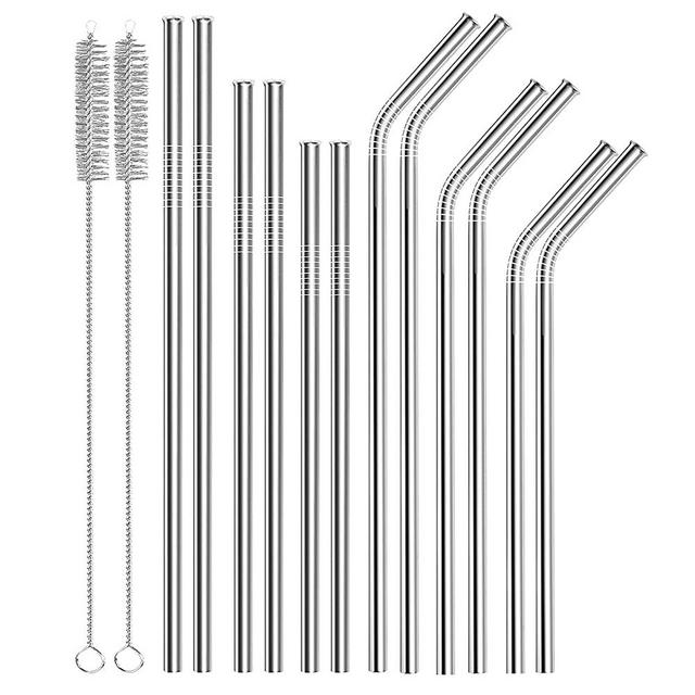 Reusable Stainless Steel Metal Straws,Set of 12 0.24"Wide Drinking Straws for 16-30oz Tumblers,6 Straight 6 Bent with 2 Cleaning Brushes and 1 Travel Case (0.24, Silver)