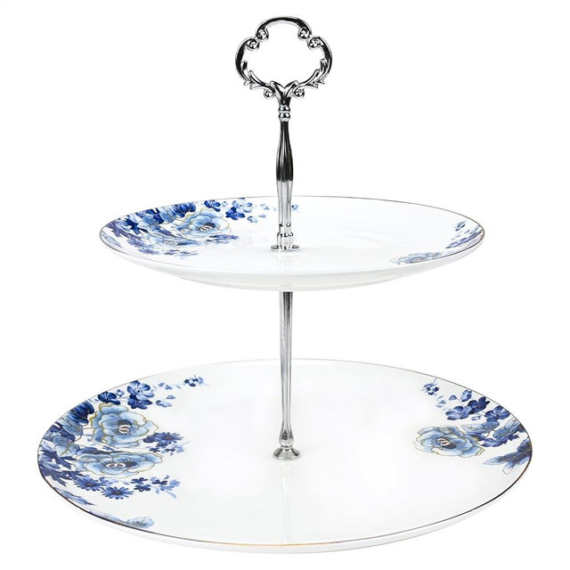 LE POTOCIO 2-Tier Afternoon Tea Stand, Porcelain Cupcake Stand Serving Tray, Blue and White Bone China Cake Stand, Pastry Serving Stand for Tea Party, Wedding and Birthday (LH 2 Tiers)