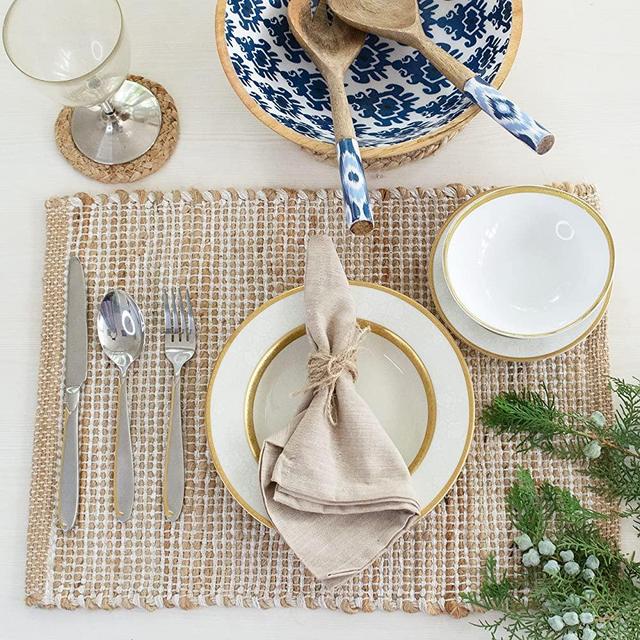 CHARDIN HOME | Natural Jute Placemats Set of 4 | 13x19 Rustic Farmhouse Place mats | Table mats Colors - Natural Jute and Ivory
