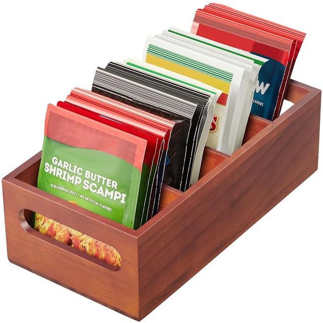 DRASTAR Seasoning Packet Organizer, Wood Kitchen Pantry Organizers and Storage Bin, Sauce Packet Organizer, Snack & Spice Organization for Cabinet, Brown