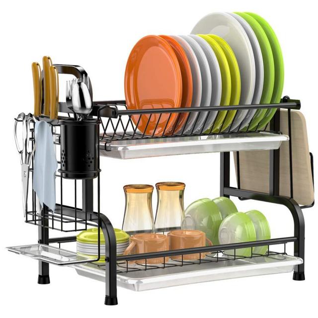 Dish Drying Rack, GSlife 304 Stainless Steel 2 Tier Dish Rack with Trays, Utensil Holder, Cutting Board Holder, Rustproof Dish Drainer for Kitchen Counter, Black