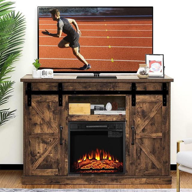 TURBRO Fireside FS48 TV Stand with Realistic Flames Fireplace, Supports TVs up to 55", with Sliding Barn Door, Entertainment Center and Adjustable Shelves for Living Room Storage, Rustic Brown