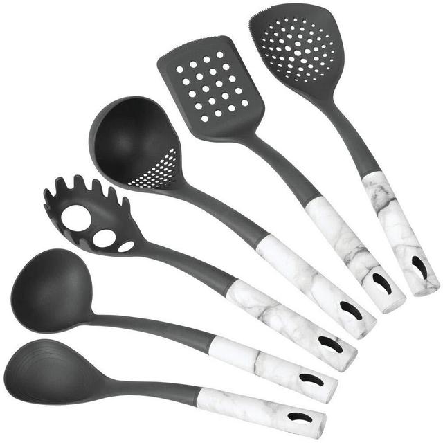mDesign Silicone Kitchen Utensil Set - Includes Slotted Turner, Solid Spoon, Slotted Spoon, Ladle, Pasta Fork and Skimmer, 6 Pack, Large - 6 Piece, Marble/Gray