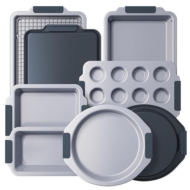 BRONYPRO Nonstick Ceramic Bakeware Set (9 Pieces),Heavy Duty Aluminized Steel Bakeware - Baking Set with Silicone Handles,Includes Sheet Pans,Loaf Pan,Muffin pan,Cake pans,PTFE & PFOA Free - Blue Gray