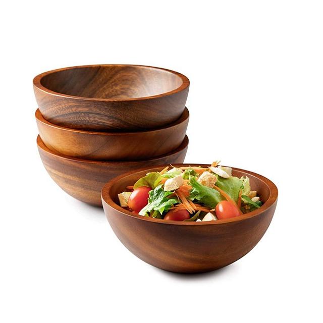 Acacia Wooden Salad Serving Bowls, Small Individual Bowl Set of 4, 7"x3" for Salads, Cereal, or Soup - Hand Made from a Single Organic Piece of Acacia Wood, Food Safe