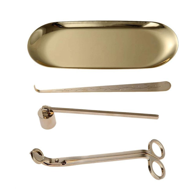MUXSAM 4 in 1 Candle Accessory Set - Wick Trimmer, Dipper, Snuffer, Storage Tray Plate, Candle Care Tools Gift for Lovers of Home Decoration (Gold)