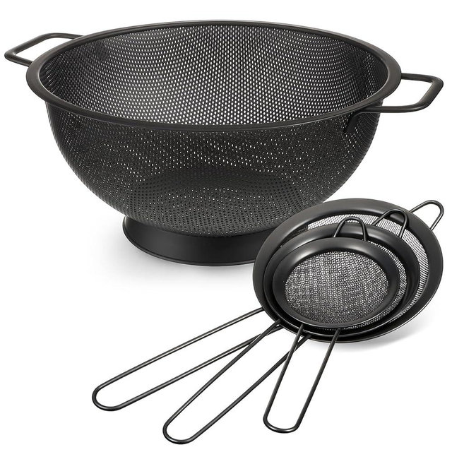Norme 4 Quart Stainless Steel Black Colander and 3 Pcs Black Fine Mesh Strainer, Stainless Steel Pasta Rice Food Metal Strainer with Handles, Easy Clean and Dishwasher Safe