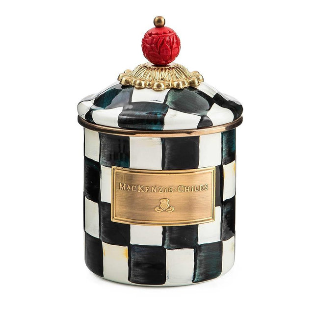 MACKENZIE-CHILDS Courtly Check Enamel Canister, Demi Enamelware Storage Canister with Lid, Cute Coffee or Sugar Container