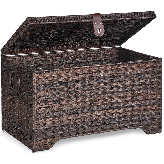 Honjourai Handwoven Storage Basket with Lid, 165L Plastic Rattan Storage Bin, Leather Buckle & Metal Frame, Large Metal Ring Handles, Storage Trunk for Bedroom, Laundry Room