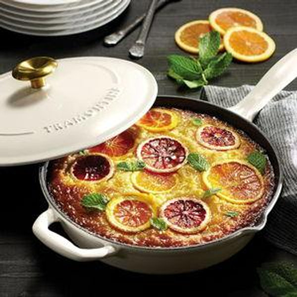 Tramontina Enameled Cast Iron Skillet with Lid, 10-inch Frying Pan, Latte with Gold Knob