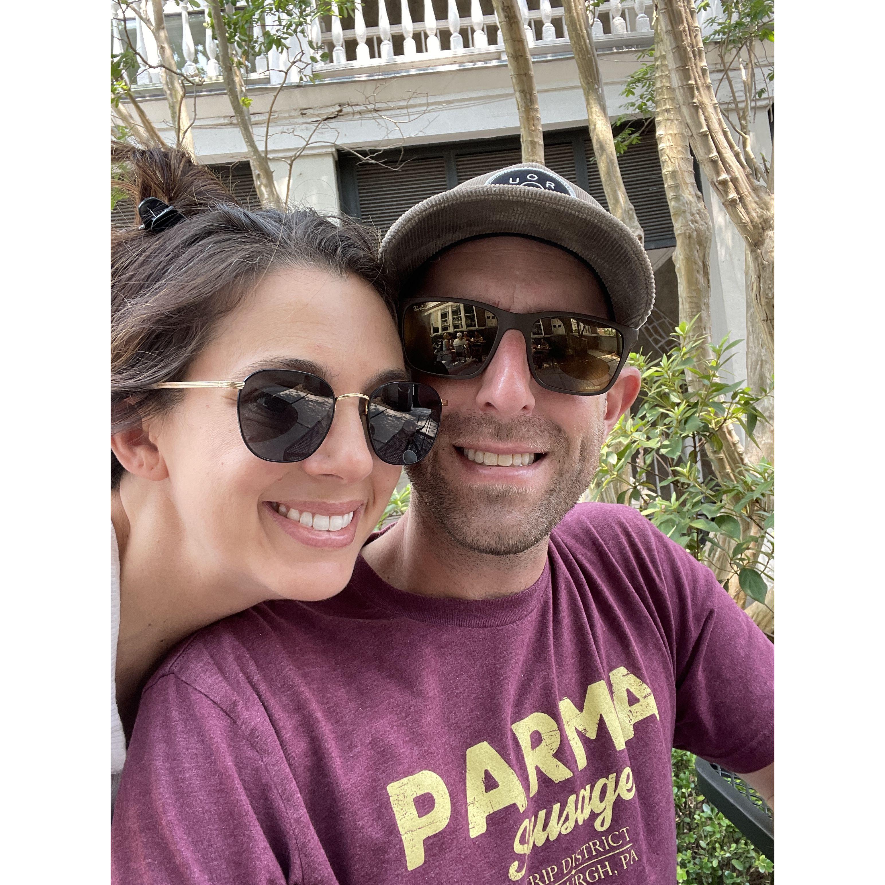 At the site of our first date in Charleston