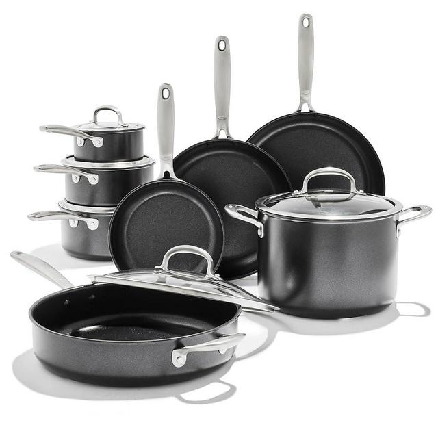 OXO Softworks 13 Piece Cookware Pots and Pans Set, 3-Layered German Engineered Nonstick Coating, Frypans, Saucepans, Saute Pan, Stockpot, Lids, Dishwasher Safe, Gray