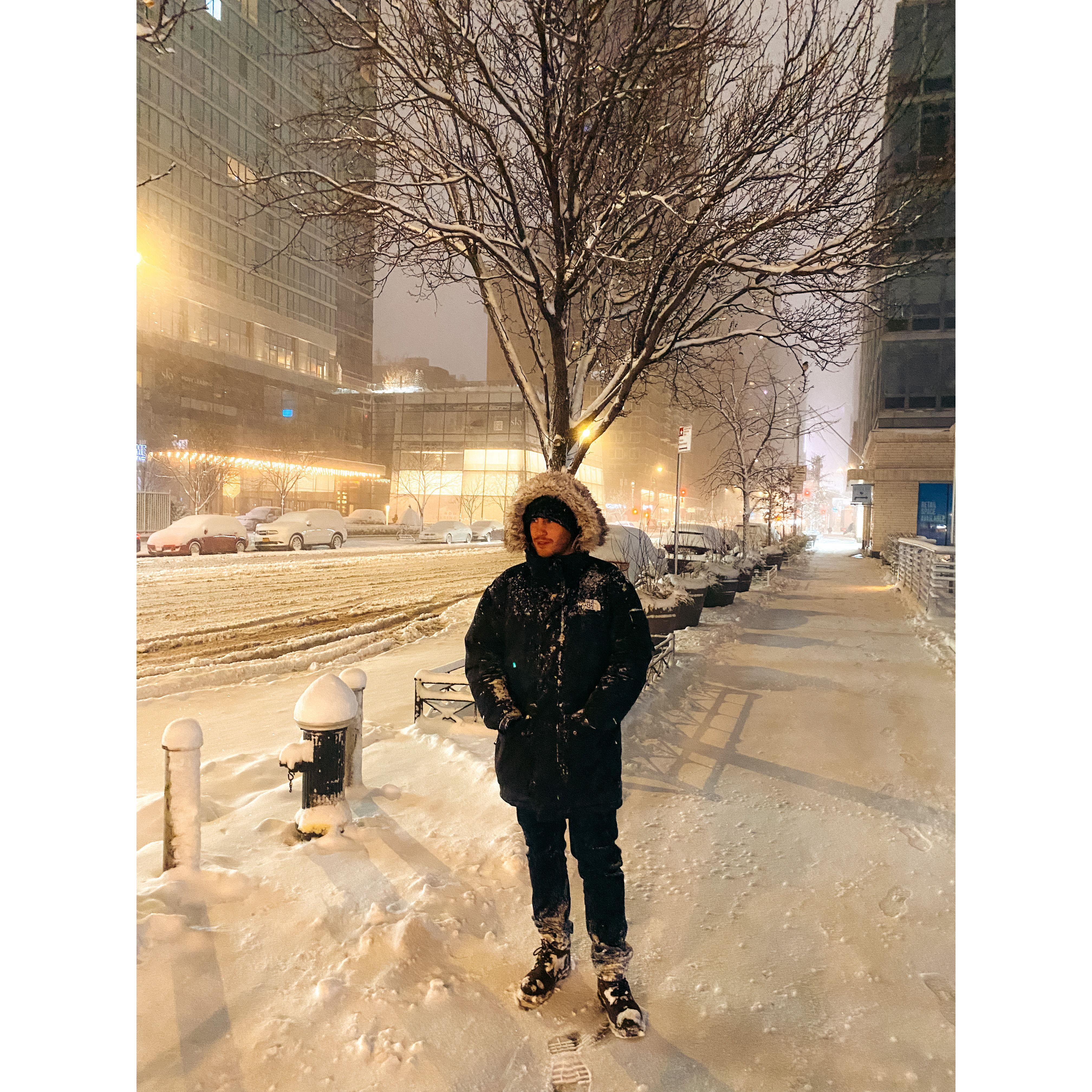 Pedro in his first big snow