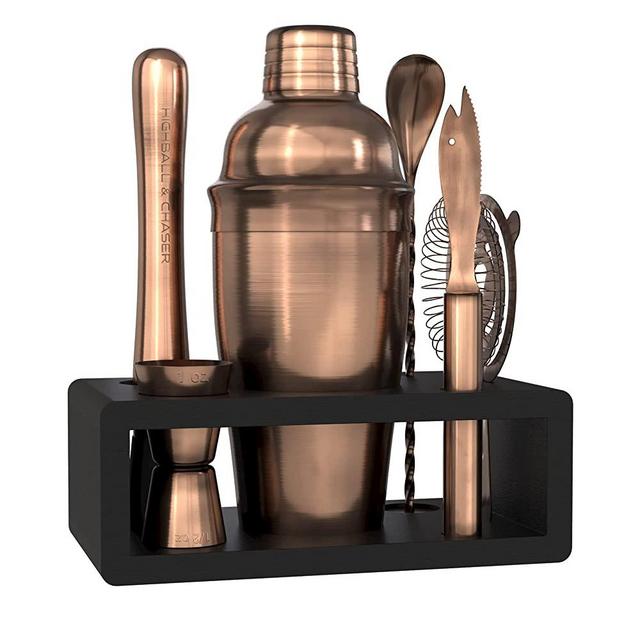 Highball & Chaser 6-Piece Cocktail Shaker Set: Matte Copper Stainless Steel Bartender Kit | Mixology Bartender Kit with Stand Cocktail Set | Laser Engraved Cocktail Tools | Plus EBook with 30 Recipes