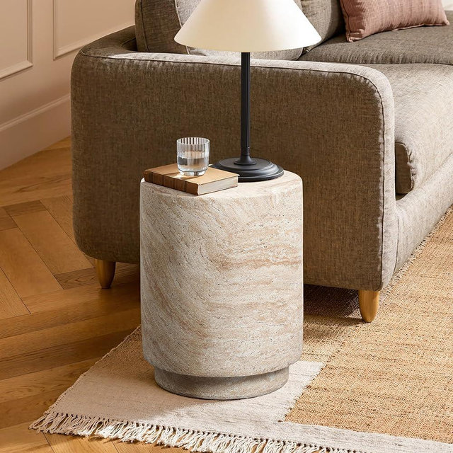 LuxenHome Outdoor Side Table, 18'' Travertine-Style Round Textured Cement Accent End Table, Outdoor Furniture for Patio Balcony Porch, Garden Stool for Backyard Lawn