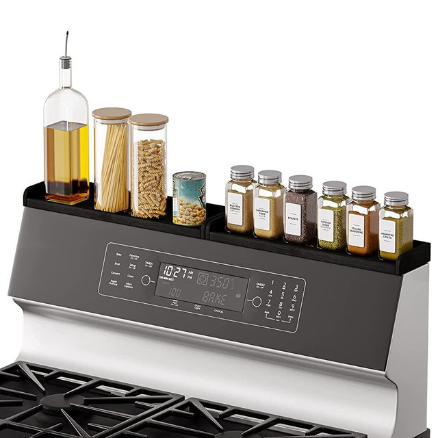 SpaceAid Bamboo Stove Top Magnetic Shelf with Labels, Kitchen Organizer Over the Stove Spice Rack, Magnetic Over Oven Organization Shelf (Black, 2 Pack 15", Up to 30" Length)