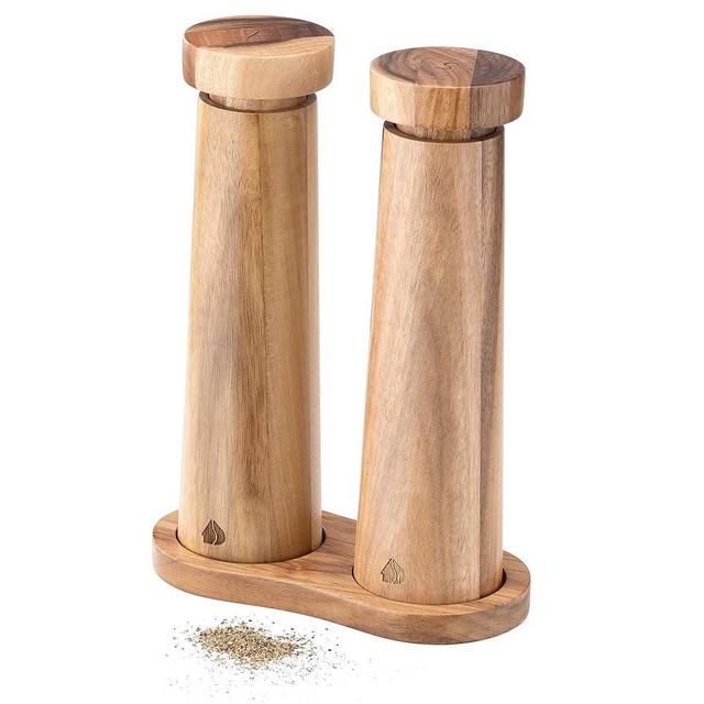 Navaris Salt and Pepper Mill Set with Tray - Adjustable Acacia Wood Salt and Pepper Grinders Shakers with Ceramic Grinding Core for Home, Restaurants