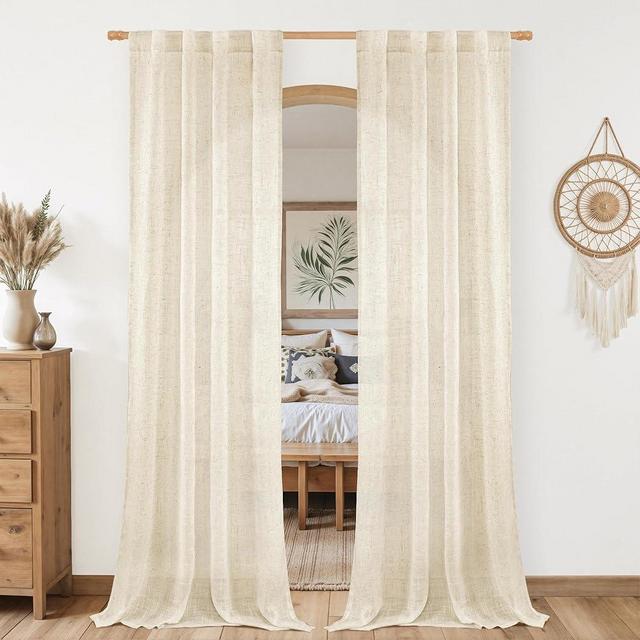 LAMIT Beige Linen Curtains for Living Room 80 inch Length, Light Filtering Semi Sheer Panels Back Tab and Rod Pocket Neutral Panels for Bedroom, 2 Panels, 34 x 80 Inch