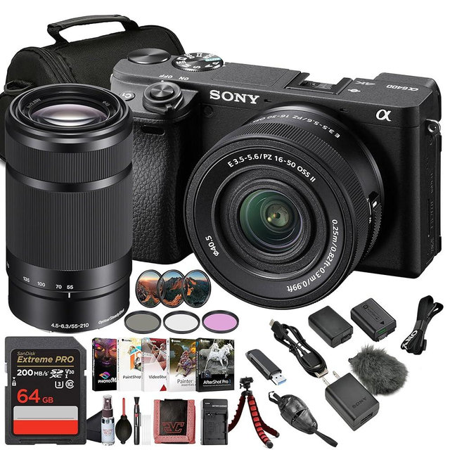 Sony Alpha a6400 Mirrorless Digital Camera with 16–50mm Power Zoom Lens (ILCE-6400L/B) – 24.2 MP APS-C, 4K Video, Real-Time Eye AF w/Sony E 55-210mm f/4.5-6.3 OSS Lens + 64GB Card and More