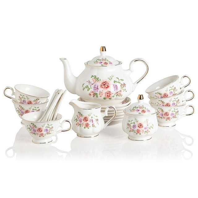Sweejar Porcelain Tea Set Vintage Floral, British Relief Gold Rim Teapot Cup and Saucer Sets, 22-Piece Tea Sets for Adults, with Teapot, Sugar Bowl, Milk Jug, Spoons, Cup and Saucer (Rose Flower)