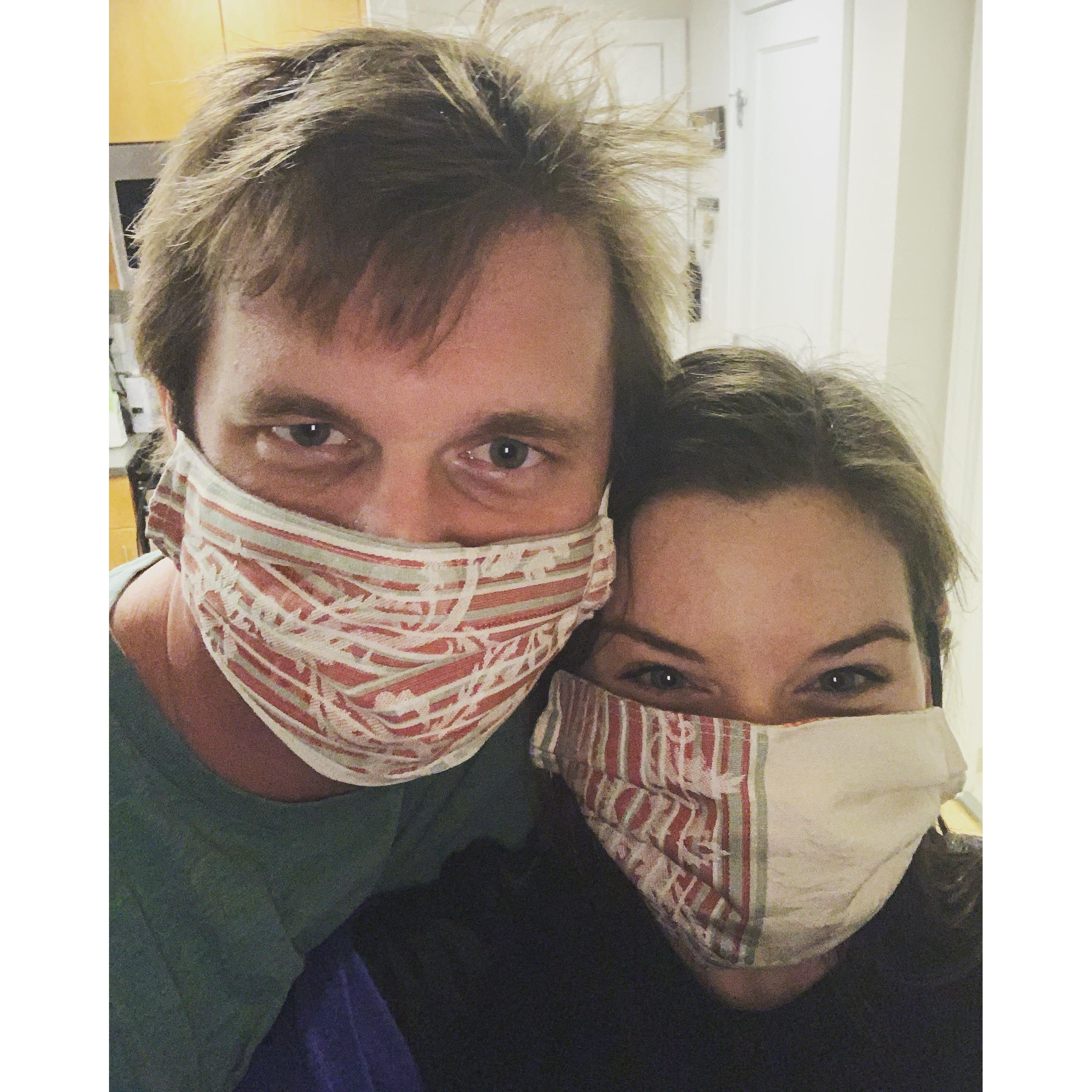 Early in the pandemic with our homemade masks (Thank you, Mindy!). Justin refers to this picture affectionally as love in the time of Corona.