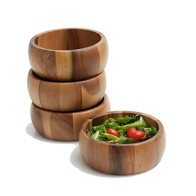 Woodard & Charles Set of 4 Acacia Wood Large Individual Salad Bowls, Snack Serving Bowls, 6 1/2" x 2 1/2"