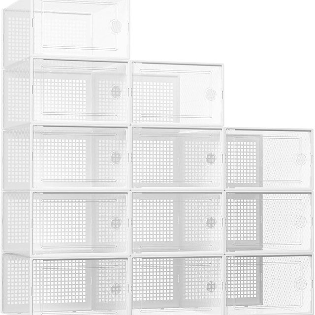 Kuject XX-Large Shoe Storage Boxes Organizers Clear Plastic Stackable 12 Pack, Shoe Rack & Holder Substitute, Sneaker Containers, Shoe Storage Organizer Bins for Closet, Under Bed,White(No Fold Line)