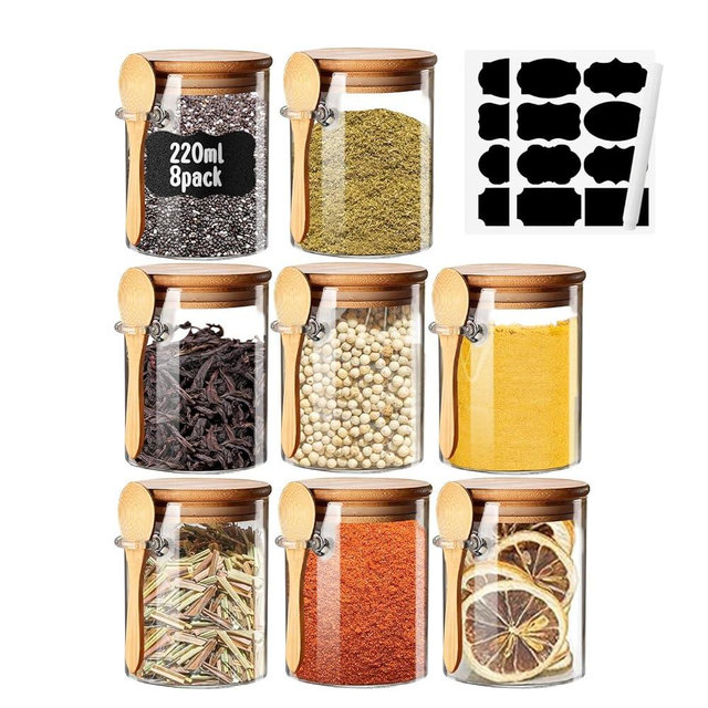 Spice Jars with Label 8oz Glass Storage Containers with Lids and Spoon Small Glass Jars for Overnight Oats Cereal Containers Storage Meal Prep Jars for Sugar Yogurt Chia Pudding Tea Salt Candy 8pcs