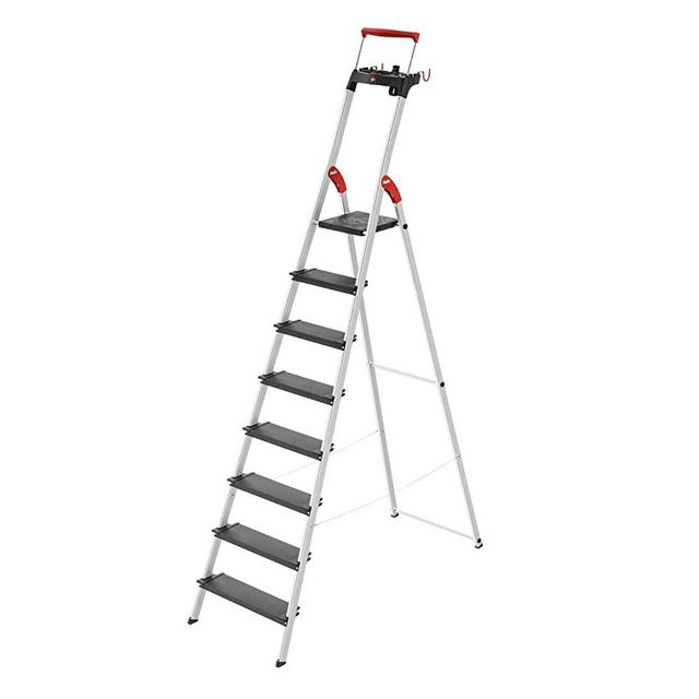 Hailo L100 TopLine | Aluminum folding stepladder | Eight steps | Extendable safety rail | Integrated multifunctional storage tray | Folding safety mechanism with platform locking | Item holding option