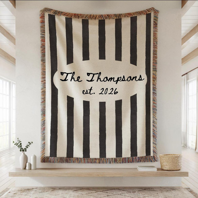 Personalized Family Name Woven Blanket, Custom Throw With Last Name and Est Year, Wedding Gift For Couple, Cotton Anniversary Gift