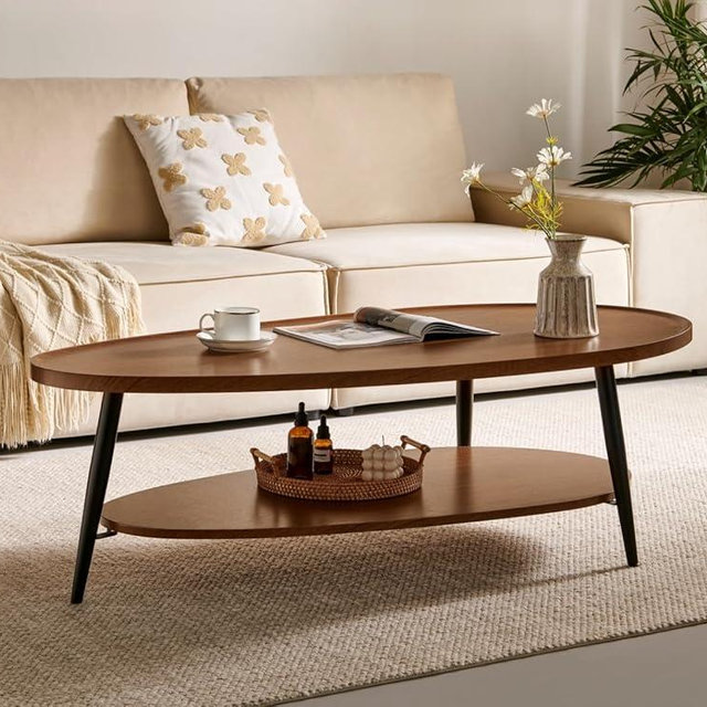 Saint Mossi Modern Coffee Table for Living Room, Mid-Century Oval Wood Coffee Table, Double Layer Center Table for Small Space, D47xW23.6xH15, Espresso