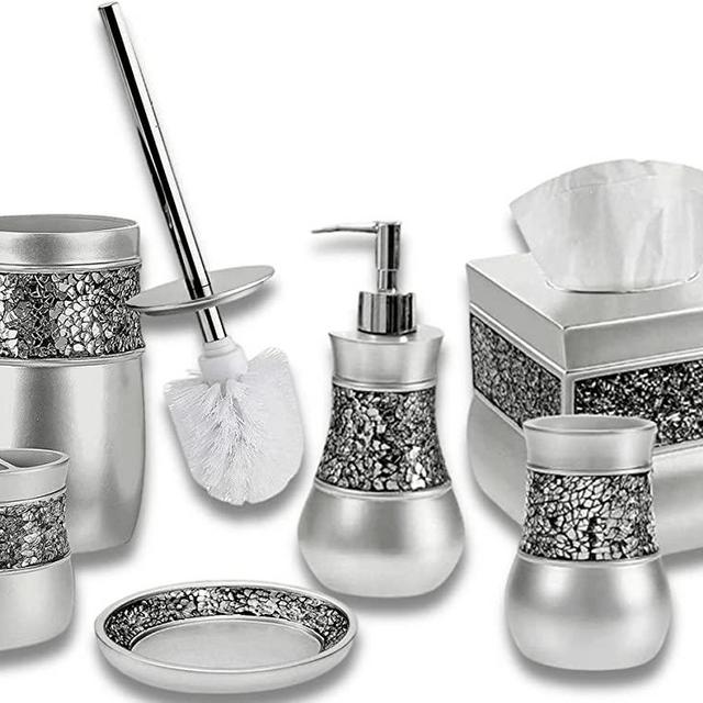 Creative Scents Decorative Bathroom Accessories Set - 6 Piece Bathroom Set, Features: Toilet Brush and Holder, Tissue Box Cover, Toothbrush Holder, Soap Dispenser, Tumbler & Soap Dish (Silver)