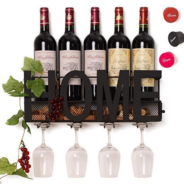 SODUKU Wall Mounted Metal Wine Rack 4 Long Stem Glass Holder & Wine Cork Storage