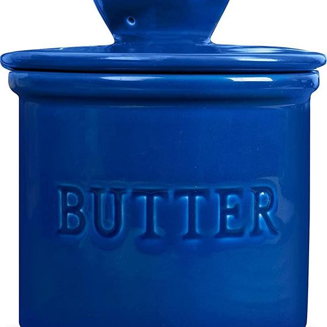 PriorityChef French Butter Crock for Counter, Butter Keeper With Water Line for Fresh Spreadable Butter, Farmhouse Style Ceramic Butter Keeper for Countertop, Holds 1 Stick, Dark Blue