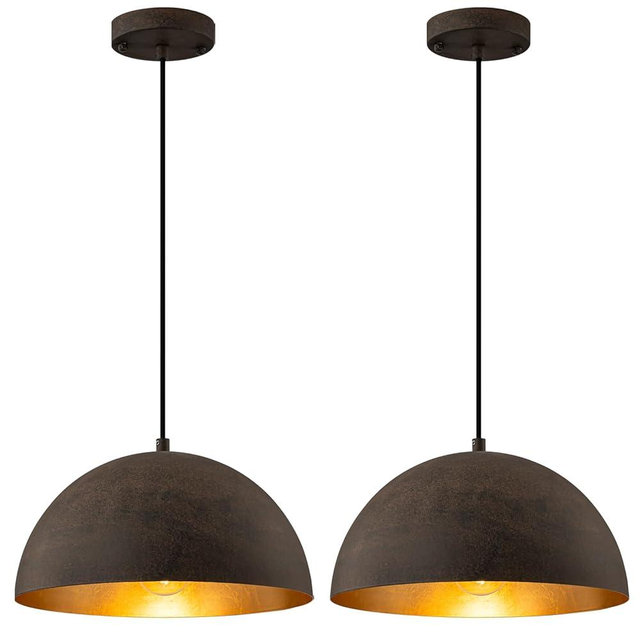 Yezgge Farmhouse Pendant Light,11.8" Black with Brown Grain Industrial Dome Chandelier 2 Pack,Adjustable Vintage Pendant Lights Kitchen Island for Dining Room,Bedroom,Hallway