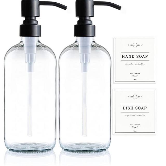 Vine Creations Clear Glass Soap Dispenser 2 Pack, Thick 16oz Bottles Rustproof Stainless Steel Pump, Modern Farmhouse Vintage Jar, Bathroom Kitchen Accessories, with Waterproof Labels (Matte Black)