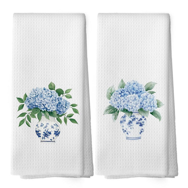 XPH Chinoiserie Vase Floral Kitchen Dish Towels Set of 2, Blue and White Porcelain Hydrangea Gifts for Wommen, Spring Chinoiserie Flower Hand Towels Kitchen Tea Towels Decorations, 16x24inch