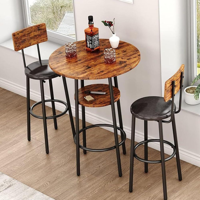 ILCQU 3-Piece Dining Table Set for 2, Small Round Kitchen Table with 2 Chairs, Counter Height Bar Table with Storage, Pub Table and PU Upholstery Stools for Small Space, Apartment, Bistro-Brown