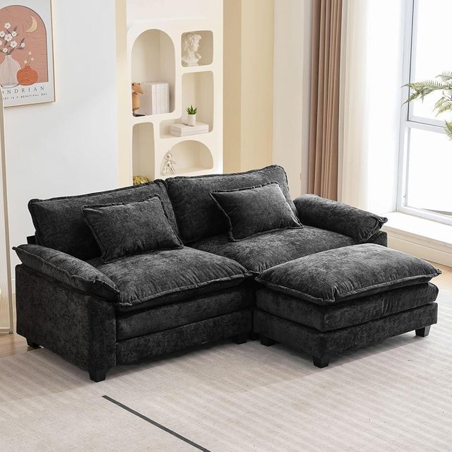 Oprisen 86" Modular Sectional Sofa, Comfy Cloud Couch Sectional Sofa with Ottoman, Chenille Sofa Sleeper Deep Seat Sofa with Throw Pillows for Living Room (Black, 86"- L Shape)