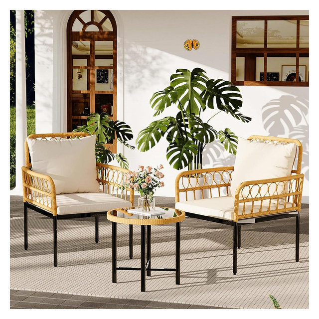 3 Piece Patio Bistro Set, Wicker Outdoor Furniture Sets, 2 Chairs with 1 Table, Beige