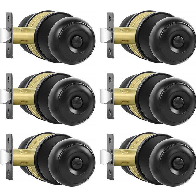 RAZCC Privacy Door Knobs, 6 Pack Matte Black Door Knobs with Lock, Bed and Bath Door Knob Interior Keyless Locksets, Round Door Handles Reversible for Left Right Handed Doors