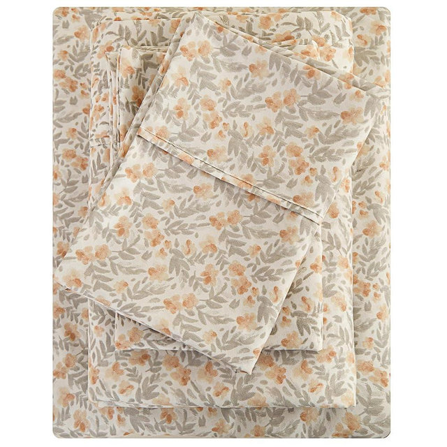 Viviland Floral King Sheet Set - 4 Piece Vintage Light Orange Flower Patterned Bed Sheets - Soft, Breathable Microfiber Sheets with Deep Pocket, Non-Slip Fitted Sheets & Pillowcases
