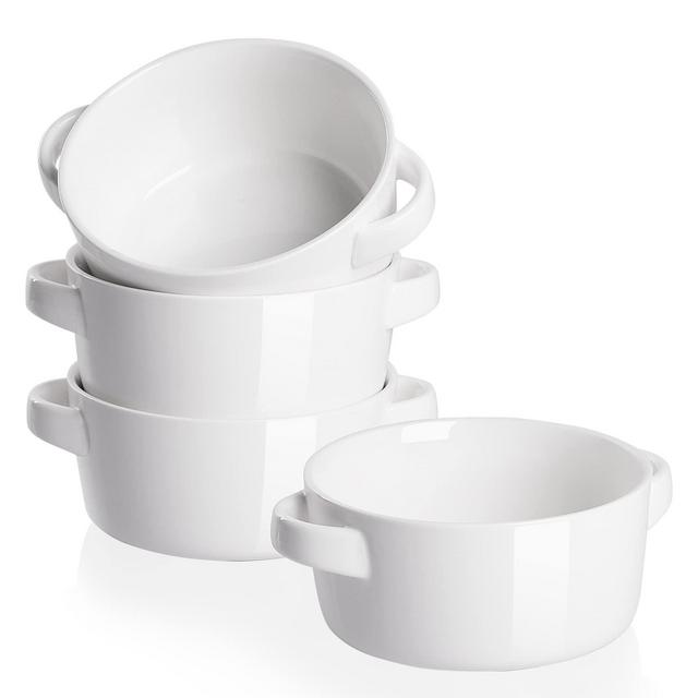 SWEEJAR Porcelain Soup Bowls with Handles, 28OZ Substantial Crocks for Soup, Oatmeal, Ramen, Functional and Stackable Set of 4, Dishwasher and Microwave Safe (White)